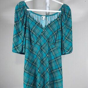 Teal Plaid Short Sleeve Top